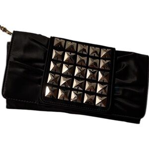 Stuart Weitzman black satin clutch wristlet embellished silver pyramid studs
